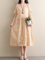 เดรสคลุมท้องแฟชั่น ผ้าลินิน ลายดอกน่ารัก ใส่สบาย มีกระเป๋าข้าง M L XL XXL