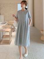 เดรสคลุมท้องแฟชั่น ผ้าดีมาก มีน้ำหนักทิ้งตัวสวย แขนสั้น มีกระดุมแกะได้ มีกระเป๋าข้าง M L XL XXL