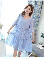 เดรสคลุมท้องสไตล์เกาหลี ผ้าชีฟอง มีซับใน ประดับดอกไม้รอบชุด น่ารักมากค่ะ M L XL,XXL