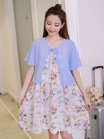 เดรสคนท้องแฟชั่น ทรงเกาหลี ผ้าชีฟองลายดอกไม้น่ารัก มาพร้อมเสื้อคลุมซีทรูแขนระบาย M L XL XXL