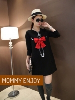 ชุดคลุมท้อง เดรสแขนยาว โบว์ใหญ่แดงกลางอกสวยเด่น M,L,XL,XXL