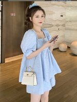 ชุดเสื้อคลุมท้อง+กางเกงขาสั้น สไตล์เกาหลี แขนตุ๊กตา ผ้าย่นนูน น่ารักมากๆ กางเกงปรับไซส์ได้ มีกระเป๋าข้าง M,L,XL,XXL