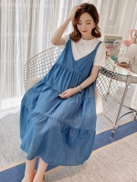 เอี๊ยมกระโปรงคลุมท้องผ้ายีนส์ +เสื้อยืดคอกลม เอี๊ยมยีนส์เนื้อนิ่ม ใส่สบาย ใส่ได้ถึงคลอด M L XL XXL