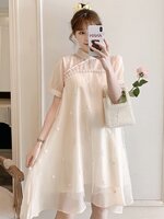 เดรสคลุมท้องแฟชั่นเกาหลี คอจีน ช่วงบนซีทรูแต่งระบาย แขนตุ๊กตา มีซับใน น่ารักเกินร้อย M L XL XXL