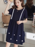 เดรสคลุมท้องแฟชั่นน่ารักวินเทจ ประดับลูกไม้และ ดอกไม้ช่วงกระโปรง มีเชือกผูกหลังปรับขนาดครรภ์ M L XL,XXL