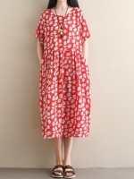 เดรสคลุมท้องแฟชั่น ผ้าลินิน ลายดอกน่ารัก ใส่สบาย มีกระเป๋าข้าง M L XL XXL