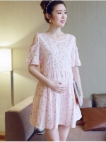 ชุดคลุมท้อง เปิดไหล่ ชมพู ลายดอกไม้ L, XL