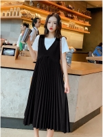 เอี๊ยมกระโปรงคลุมท้องยาว + เสื้อ ผ้ายืดทิ้งตัว ช่วงกระโปรงจีบรอบ M L XL XXL