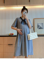 เดรสคลุมท้องแฟชั่นเกาหลี ผ้าฝ้าย ช่วงท้องระบายได้เยอะ ใส่ได้ถึงคลอด ผูกโบว์ที่คอ สวยน่ารักสุภาพ M L XL XXL