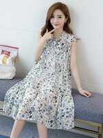 เดรสคลุมท้องแฟชั่นเกาหลี ผ้าชีฟอง แขนกุด มีซับใน ลายน่ารัก M L XL XXL