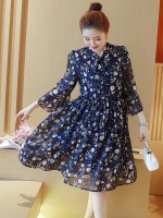 เดรสคลุมท้องแฟชั่นผ้าชีฟอง แขน4ส่วนระบาย ลายน่ารัก มีโบว์ที่คอ มีซับใน M L XL,XXL