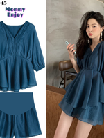 ชุดเสื้อคลุมท้อง+กางเกงขาสั้น สไตล์เรียบหรูดูดี แขนตุ๊กตา 3ส่วน กางเกงปรับไซส์ได้ M,L,XL,XXL