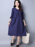 เดรสคลุมท้องแฟชันแขนยาว ผ้าลินิน เนื้อดี ใส่สบายไม่ร้อน มีกระเป๋าข้าง ด้านล่างปักลายนกบิน แต่งกระดุม M L XL,XXL