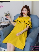 เดรสคลุมท้องแฟชั่นเปิดไหล่ ทำระบายช่วงอก รอบท้องใหญ่ใส่ได้ถึงคลอด M L XL,XXL