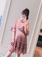 เดรสคลุมท้องแฟชั่น ผ้าชีฟองพรีท ปลายแขนทำระบาย รอบท้องระบายได้เยอะ M L XL XXL