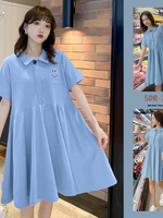 เดรสคลุมท้องแฟชั่นเกาหลี คอปกมีกระดุม ช่วงบน ผ้านิ่ม ใส่สบายๆม่ร้อน รอบท้องระบายได้เยอะใส่ได้ถึงคลอด M L XL XXL