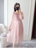 เดรสคลุมท้องแฟชั่นแขนซีทรู ช่วงอกสม๊อค ประดับด้วยดาวฟรุ้งฟริ้ง มีซับใน น่ารักมาก M L XL,XXL