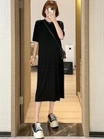 เดรสคลุมท้องแฟชั่นสบายๆ แขนสั้น ดูดี ผ้าทิ้งตัว มีน้ำหนัก เนื้อดีค่ะ M L XL XXL