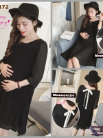 เดรสคลุมท้อง แขน 4 ส่วน ช่วงตัวอัดพรีท ด้านหลังผูกโบว์สีขาว น่ารักมั่กๆ M,L,XL,XXL