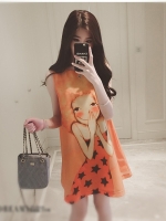 ชุดคนท้อง ผ้าชีฟอง สีส้ม แขนกุด ลายเด็กน้อย L,XL