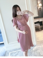 เดรสคลุมท้องแฟชัน ผ้าชีฟองพรีทจีบเล็ก แต่งระบายช่วงอก มีซับใน ใส่สบาย M L XL,XXL