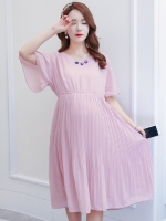 ชุดคลุมท้องเดรส ผ้าชีฟอง อัดพรีท เนื้อดี มีซับใน ประดับดอกไม้ช่วงคอ สุภาพ น่ารักค่ะ M L XL XXL