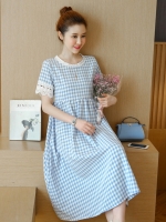 เดรสคลุมท้องแฟชั่นแขนสั้น แขนลูกไม้ ด้านหลังเป็นซิบ รอบท้องใหญ่ทรงระบาย ใส่ถึงคลอด M L XL XXL