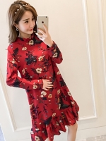 ชุดคลุมท้องแขนยาว ผ้าชีฟอง ลายดอกไม้น่ารัก ทำระบายที่คอและกระโปรง M L XL XXL