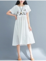 เดรสคนท้องแฟชั่นสไตล์ Retro ผ้าฝ้ายปักลายสวยน่ารัก ปรับขนาดได้ผูกข้าง M L XL,XXL