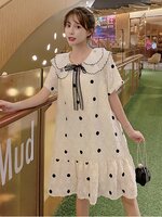 เดรสคลุมท้องแฟชั่นเกาหลี คอปก 2 ชั้น ผ้าตุ๊กตา มีซับใน แต่งด้วยโบว์ ช่วงท้องใส่ได้ถึงคลอด M L XL XXL