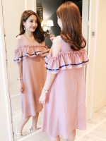 เดรสคลุมท้องแฟชั่นเปิดไหล่ ทำระบายช่วงอก รอบท้องใหญ่ใส่ได้ถึงคลอด M L XL,XXL