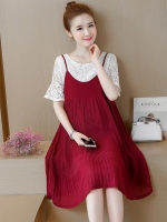 เอี๊ยมกระโปรงคลุมท้องยาว ผ้าชีฟองอัดพรีท มาพร้อมเสื้อลูกไม้น่ารักสีขาว M,L,XL,XXL