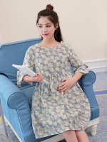 ชุดคลุมท้องเปิดให้นม ลายใบไม้ ผ้าฝ้ายเนื้อดี เปิดให้นมแนวนอน แขนผูกโบว์น่ารัก M,L,XL,XXL