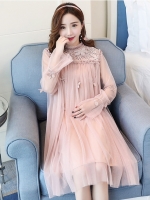 เดรสคลุมท้องแฟชั่นลูกไม้แขนยาว ประดับด้วยมูก ผ้าาตาข่ายประดับด้วยดอกไม้ น่ารักมาก