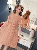 เดรสคลุมท้องสไตล์เกาหลี แขนสั้น ลายตรง ทรงระบาย มีเชือกปรับขนาดครรภ์ M L XL,XXL