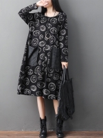 เดรสคลุมท้องสไตล์วินเทจแขนยาว ลายน่ารักชิคมาก กระเป๋าใหญ่ ใส่สบายสุดๆ M L XL,XXL