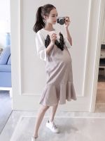 เดรสคลุมท้องแฟชั่น แขน4ส่วน ประดับลูกไม้ที่ช่วงอก ด้านล่างลายสก๊อต ปลายระบาย น่ารักมาก M L XL XXL