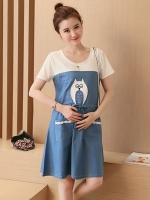 ชุดคลุมท้องเปิดให้นมแนวนอน มีเชือกผูกด้านหน้า กระเป๋าประดับลูกไม้ ลายน่ารัก M,L,XL,XXL