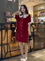 เดรสคลุมท้องแฟชั่น ทรงตุ๊กตา คอบัว กระดุมเปิดให้นมได้ ช่วงปก ทำย่นเพิ่มความน่ารัก M L XL XXL