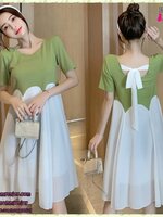 ชุดคลุมท้องเปิดให้นม แขนสั้น ทรงระบาย มีซับใน ด้านหลัง ผูกโบว์น่ารัก ค่ะ M L XL XXL