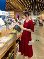 เดรสคลุมท้องแฟชั่น ช่วงอกสม๊อค แขนสั้น เนื้อผ้าทำย่นน่ารัก M L XL XXL