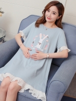 ชุดคลุมท้องแขนยาว ผ้ายืดเนื้อนิ่ม แขนและกระโปรงแต่งระบาย พิมพ์ลายกระต่าย น่ารักค่ะ M L XL XXL