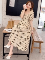 เดรสคลุมท้องแฟชั่นแขนตุ๊กตา ลายจุดน่ารัก สีนวลสวย ดูสุภาพ น่ารักแบบลงตัว M L XL,XXL
