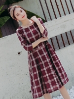 เดรสคลุมท้องสไตล์เกาหลีแขนยาว คอยู ผ้าสวยลายสก๊อต วินเทจ น่ารัก M L XL,XXL