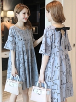 เดรสคลุมท้องแฟชั่นสไตล์เกาหลี ผ้าcotton ลายแมว แขนระบาย ผูกโบว์น่ารักมาก M L XL,XXL