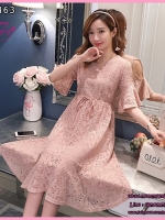 เดรสคลุมท้องแฟชั่นลูกไม้ ช่วงแขนระบาย เปิดไหล่เพิ่มความน่ารัก M L XL XXL