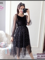 เดรสคลุมท้องแฟชั่นแขนซีทรู ช่วงอกสม๊อค ประดับด้วยดาวฟรุ้งฟริ้ง มีซับใน น่ารักมาก M L XL,XXL