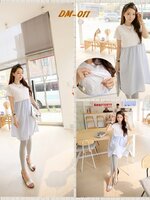 เดรสเปิดให้นม ขาวฟ้า เรียบๆ แต่น่ารัก L