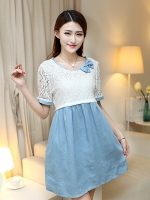 ชุดคลุมท้องเปิดให้นม ชุดผ้าฝ้ายด้านบนเป็นลูกไม้ประดับโบว์ มีเชือกผูกปรับขนาดครรภ์ M,L,XL