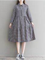 เดรสคลุมท้องแฟชั่น แขนยาว คอปก กระดุมหน้า เปิดให้นมได้ ชุดยาว สวย ใส่ได้คล่องตัว M L XL XXL